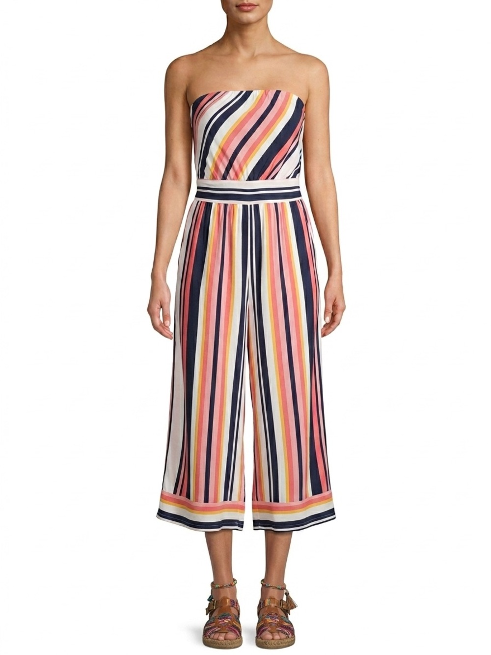 Xhilaration Striped Strapless Jumpsuit Sz S Rainbow Retro Wide Leg Festival Boho